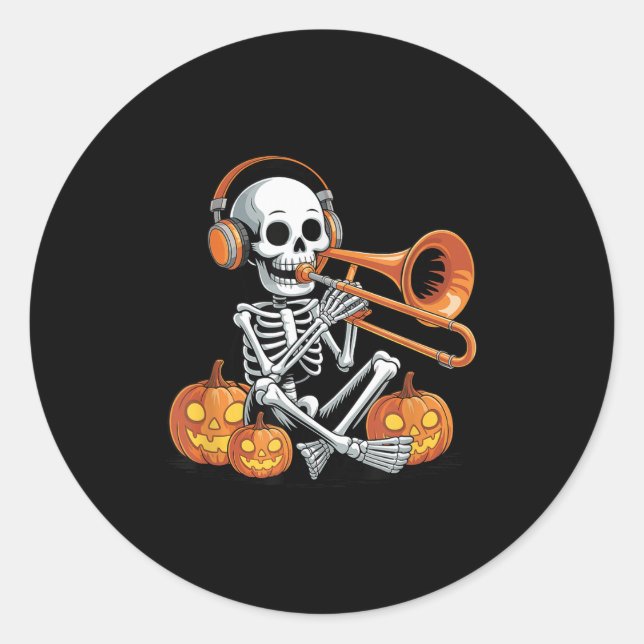 Sticker Rond Halloween Skeleton Trombone Trombonist  (Devant)