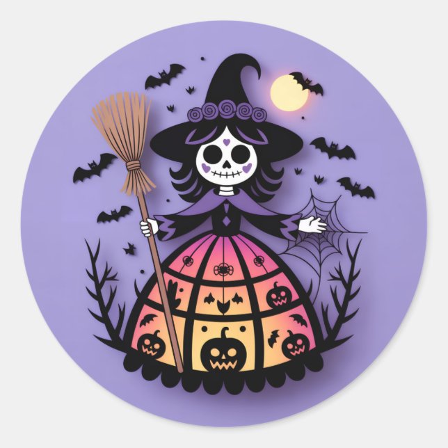 Sticker Rond Halloween Skeleton Witch (Devant)
