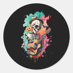 Sticker Rond Halloween Squelette Jouer Guitare Musique Musicien