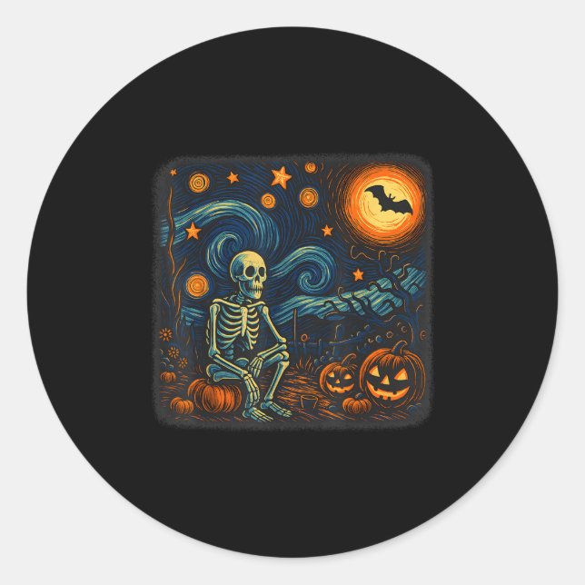 Sticker Rond Halloween Squelette Starry Night Van Gogh Citrouil (Devant)