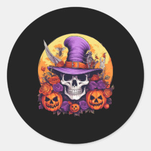 Sticker Rond Halloween Squelette Violet Casquette Orange Ceintu
