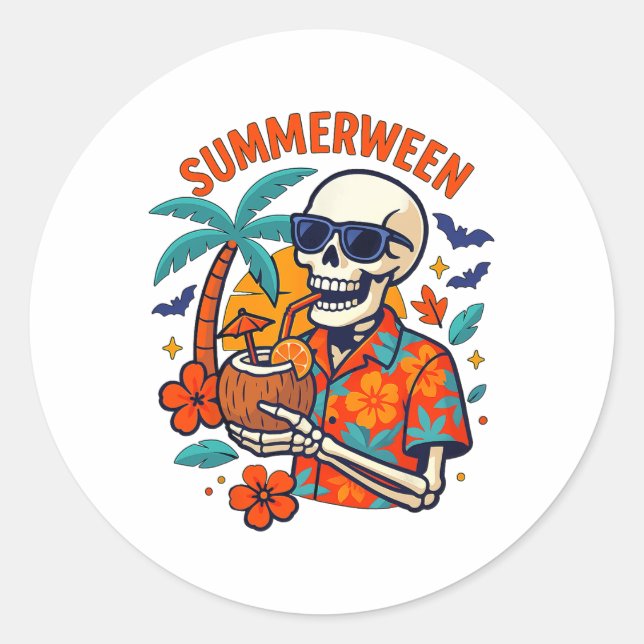 Sticker Rond Halloween Summer Ween Skeleton Spooky Vacation Flo (Devant)