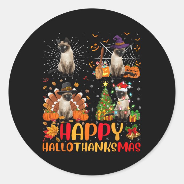 Sticker Rond Halloween Thanksgiving Noël Siamese Chat Hallo (Devant)