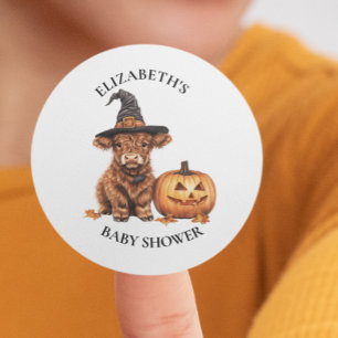 Sticker Rond Halloween Vache Highland Baby shower d'aquarelle