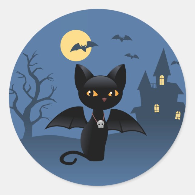 Sticker Rond Halloween Vampire Chat noir avec ailes (Devant)