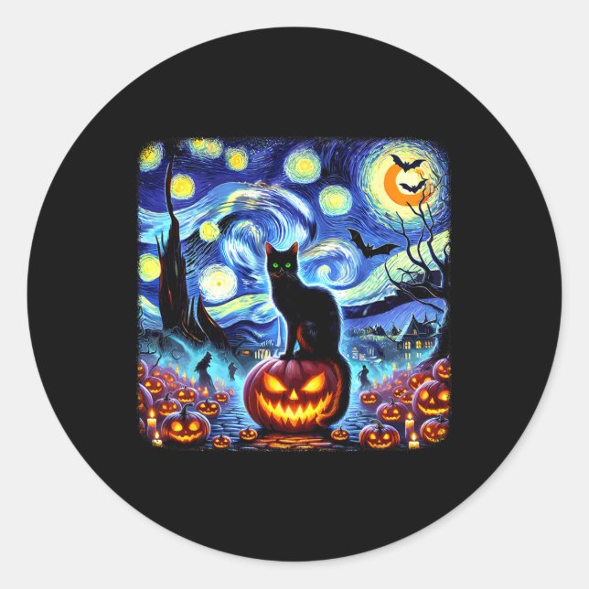 Sticker Rond Halloween Van Gogh Starry Night Chat noir Citrouil (Devant)