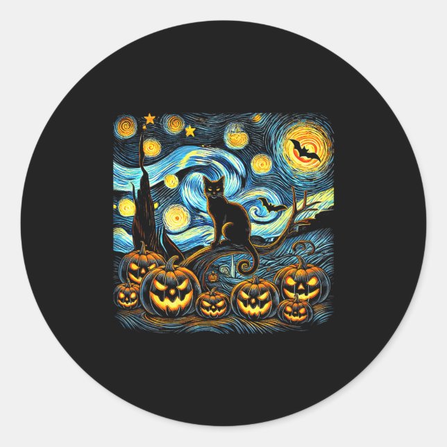 Sticker Rond Halloween Van Gogh Starry Night Pumpkin Black Cat  (Devant)