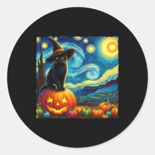 Sticker Rond Halloween Van Gogh Starry Nuit Noir Chat Sorcière