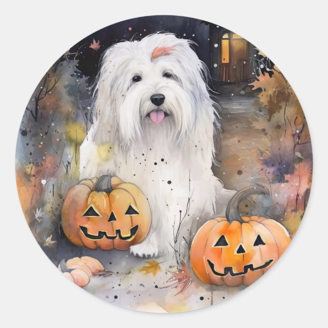 Sticker Rond Halloween vieux chien anglais avec la peur Citroui (Devant)