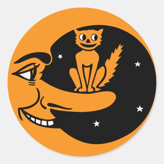 Sticker Rond Halloween vintage - Chat dans la lune (Devant)
