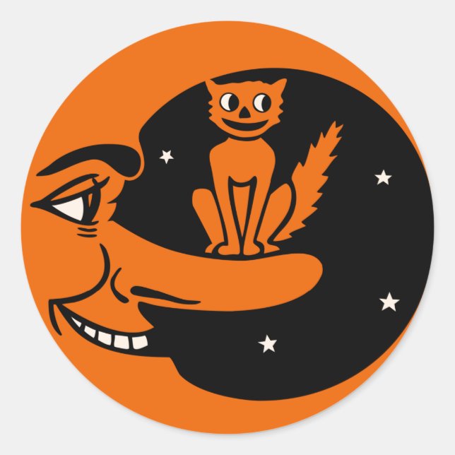 Sticker Rond Halloween vintage - Chat dans la lune (Devant)