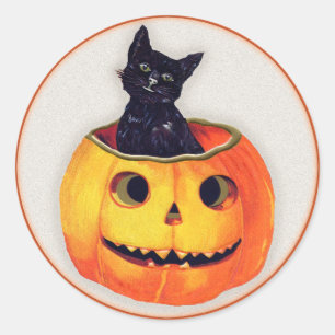 Sticker Rond Halloween vintage - Chat noir dans un Jack O'Lante