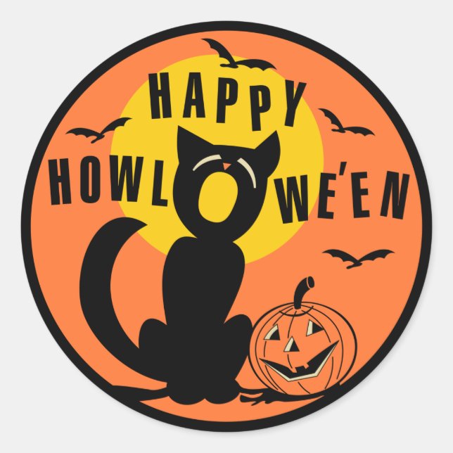 Sticker Rond Halloween vintage - Happy Halloween Chat noir (Devant)