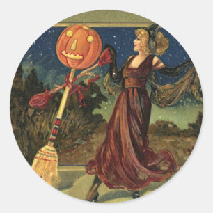 Sticker Rond Halloween vintage, jolie sorcière dansante
