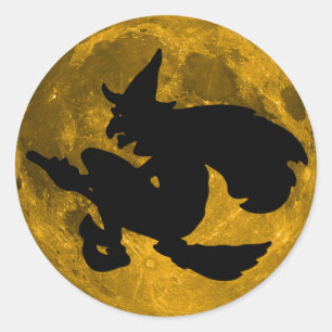 Sticker Rond Halloween vintage - la sorcière vole au-dessus de