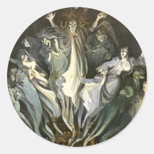 Sticker Rond Halloween vintage, violoniste squelette et fantôme