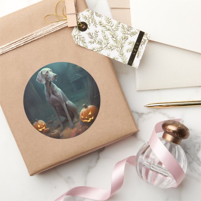 Sticker Rond Halloween Weimaraner avec la peur Citrouille (Cadeaux)