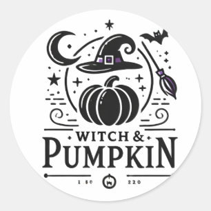 Sticker Rond Halloween Witch Casquette et Citrouille Design Mag
