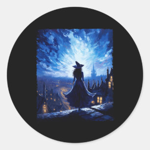 Sticker Rond Halloween Witch Starry Night Van Gogh Aesthétique 