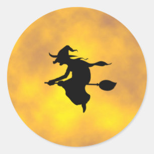 Sticker Rond Halloween Witch sur un broom classique collant ron