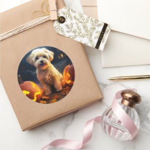 Sticker Rond Halloween Yorkipoo Avec La Peur Citrouille