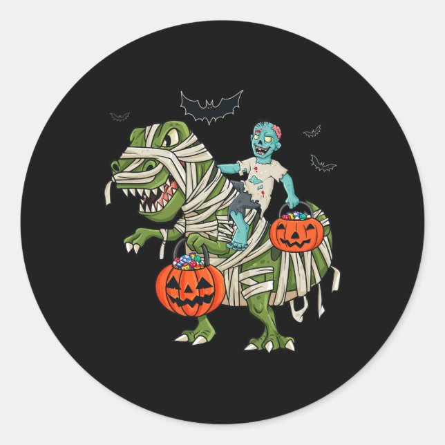 Sticker Rond Halloween Zombie équitation T Rex Fun Boys Filles  (Devant)