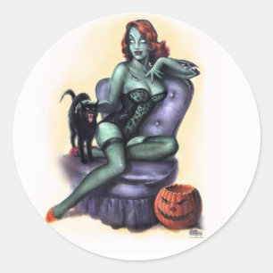 Sticker Rond Halloween Zombie petite fille vers le haut