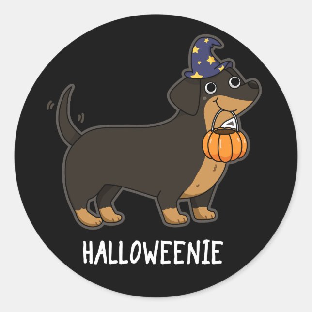 Sticker Rond Halloweenie Funny Saucisse Chien Pun Dark BG (Devant)