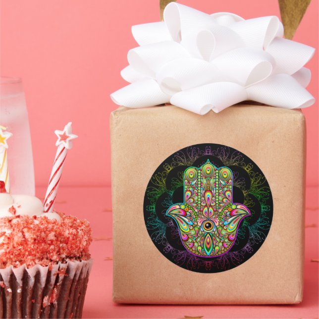 Sticker Rond Hamsa Fatma Main Psychedelic Art (Fête)