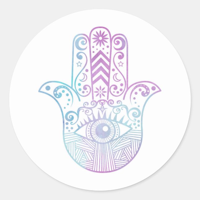 Sticker Rond Hamsa Mains violet et Aquarelle bleue (Devant)