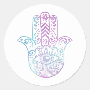Sticker Rond Hamsa Mains violet et Aquarelle bleue