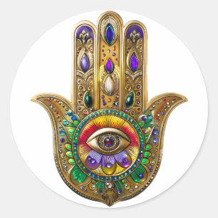 Sticker Rond Hamsa Or Peint Améthyste Rubis Troisième Œil