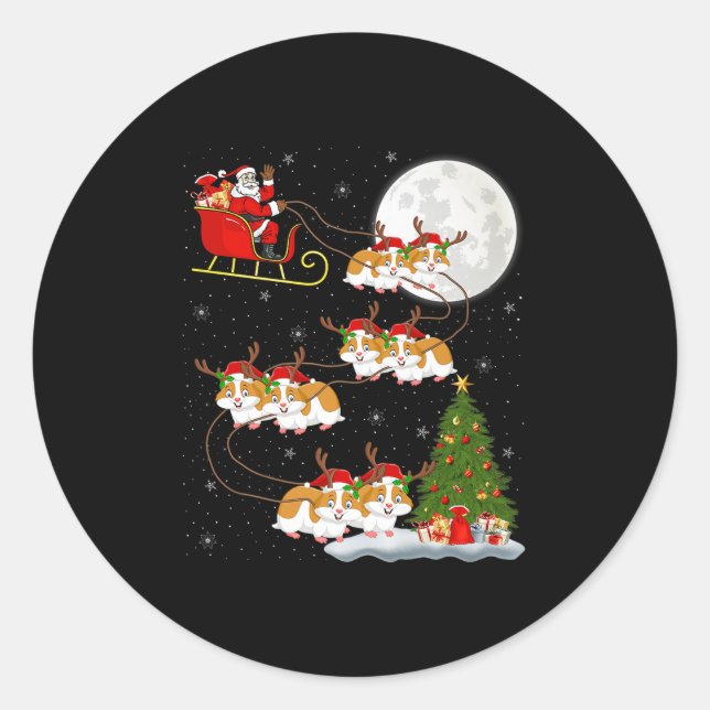Sticker Rond Hamster Santa Sleigh Flying Funny Magical Christma (Devant)