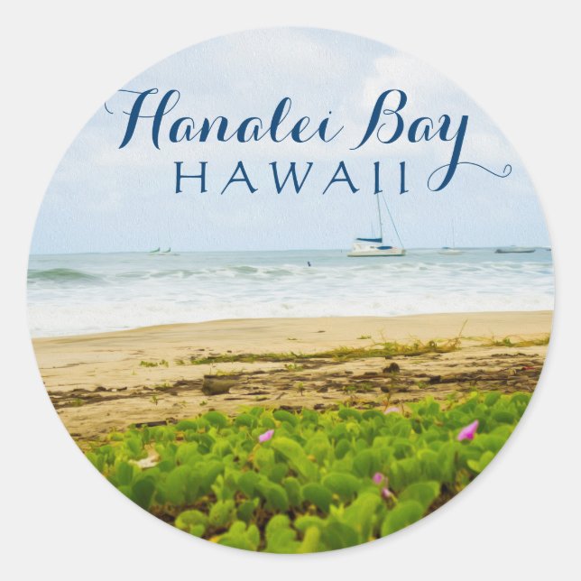 Sticker Rond Hanalei Bay Kauai Hawaii Beach & Bateaux (Devant)