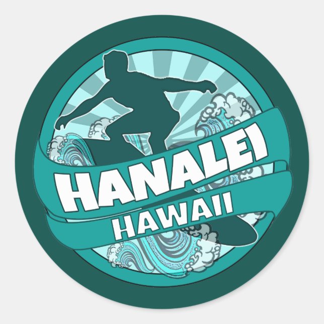 Sticker Rond Hanalei Hawaii logo turquoise surfer (Devant)