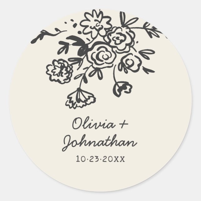 Sticker Rond Hand Drawn Doodles Floral Wedding (Devant)