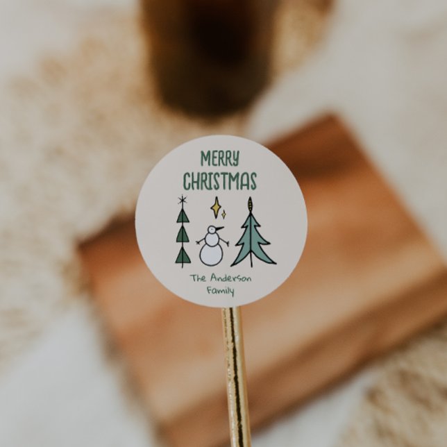 Sticker Rond Hand Drawn Green Abstract Christmas Tree Snowman (Créateur téléchargé)