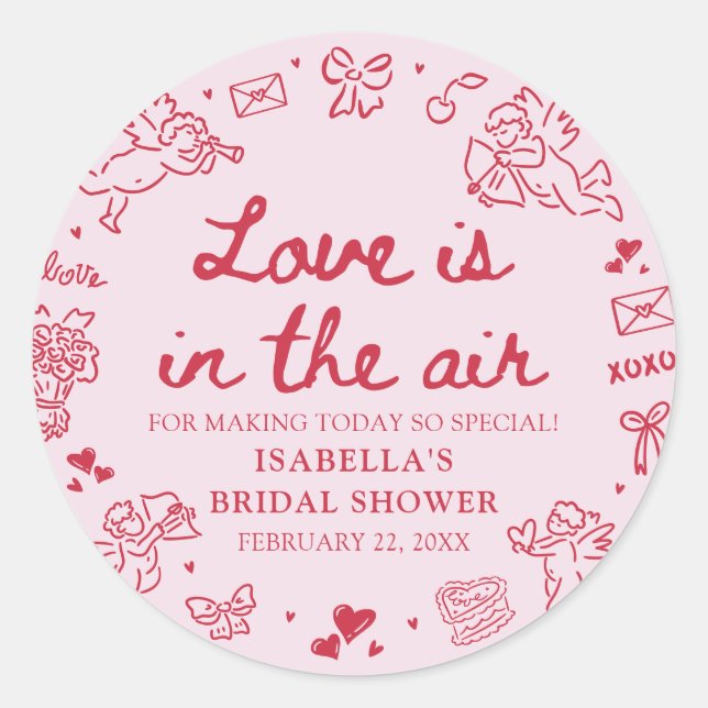 Sticker Rond Hand Drawn Pink Red Hearts Valentine Bridal Shower (Devant)