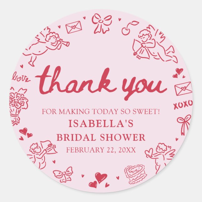 Sticker Rond Hand Drawn Pink Red Hearts Valentine Bridal Shower (Devant)