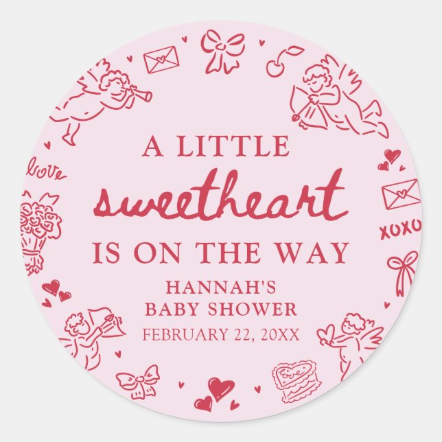 Sticker Rond Hand Drawn Valentine Little Sweetheat Baby Shower (Devant)