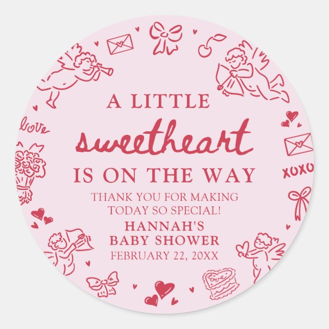 Sticker Rond Hand Drawn Valentine Little Sweetheat Baby Shower (Devant)