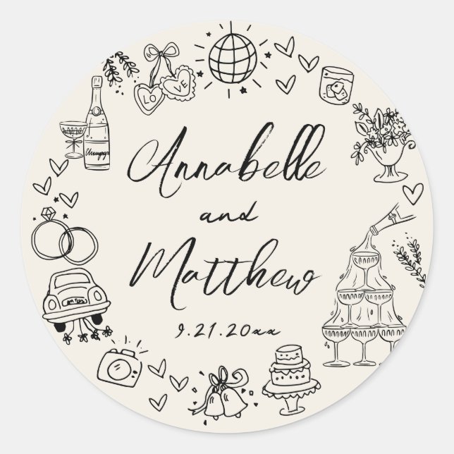 Sticker Rond Hand Drawn Vintage Whimsical Wedding (Devant)