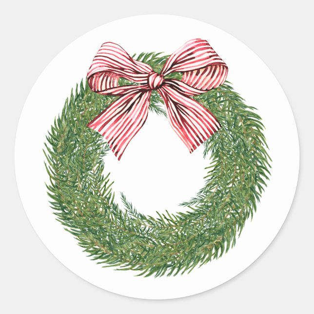Sticker Rond Hand Painted Winter Pine Wreath Striped Red Bow (Devant)