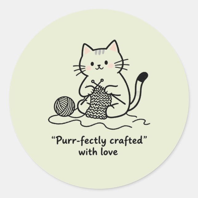 Sticker Rond Handmade Textile Art Cat Knitting Graphic Art (Devant)