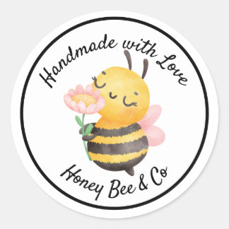 Sticker Rond Handmade with Love. Cute Bee Personalized