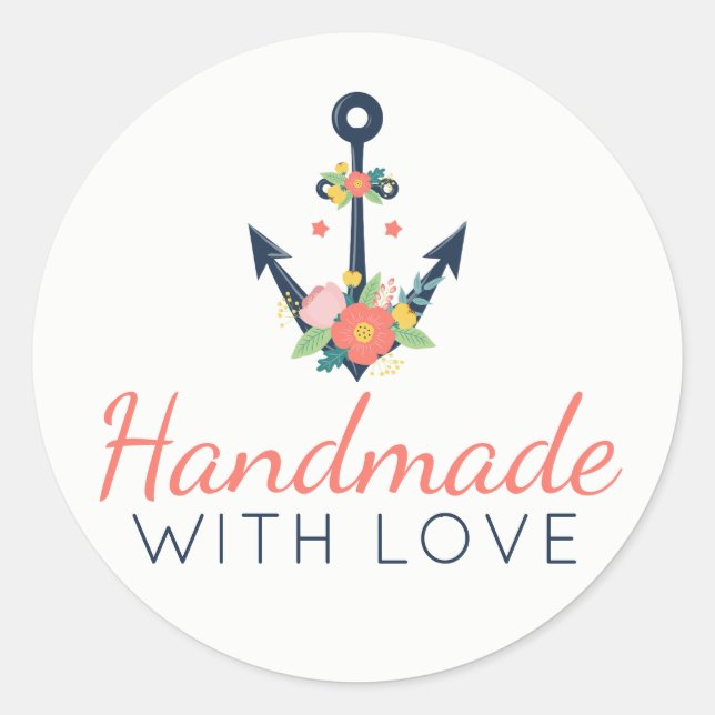 Sticker Rond Handmade With Love Floral Anchor Nautical Faith (Devant)