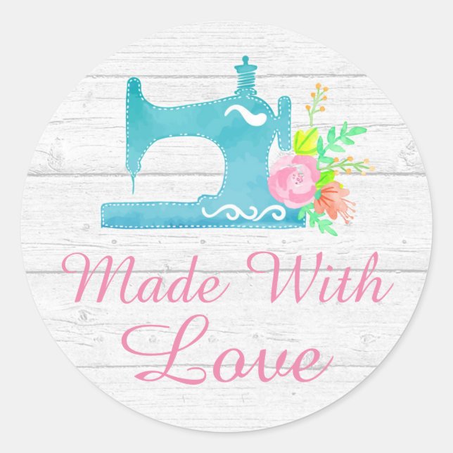 Sticker Rond Handmade With Love Sewing Machine Rustic Wood (Devant)