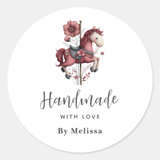 Sticker Rond Handmade with Love Whimsical Carousel Horse Image (Devant)