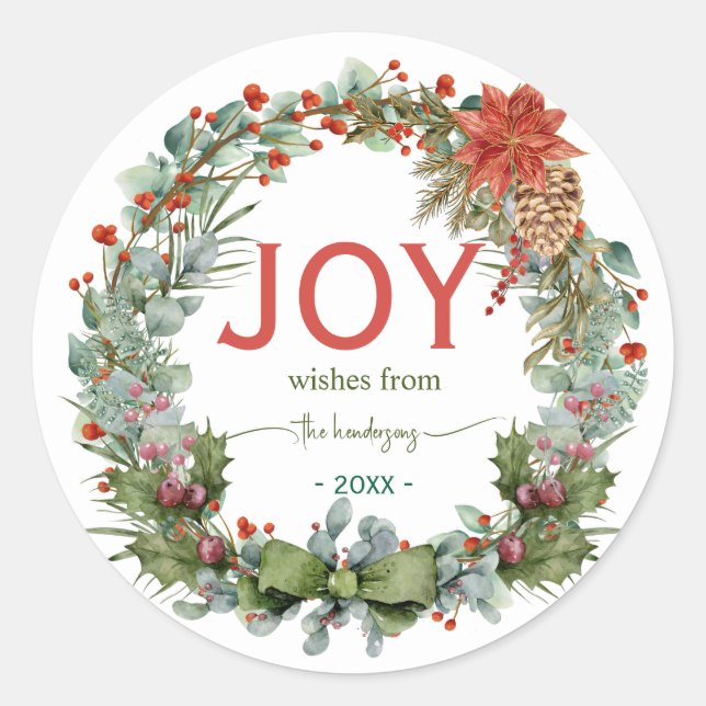 Sticker Rond Handwritten Script Christmas Joy Wreath Name Green (Devant)