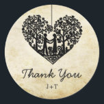 Sticker Rond Hanging Heart Tree Vintage Wedding Collection<br><div class="desc">Ces autocollants de mariage ont un arbre suspendu romantique, et bientôt être mari et femme, qui est sculpté en forme de coeur. L'arrière - plan vintage effet rend ces autocollants parfaits pour tout couple qui planifie un mariage antique romantique. Ces autocollants peuvent facilement être customisés pour répondre à vos besoins...</div>